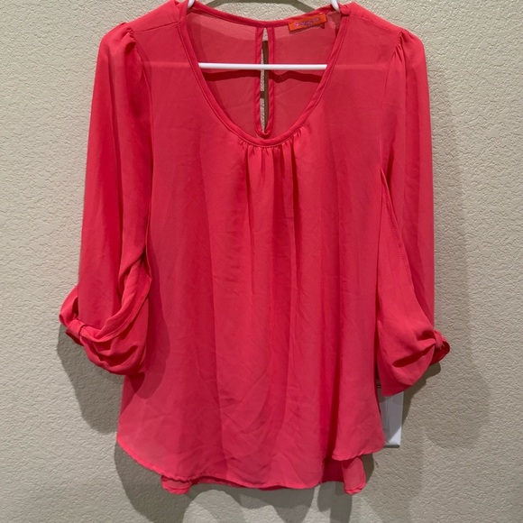Gaudy Me Pink Mesh 3/4 Sleeve Top Medium Flowy Blouse FT30605 Keyhole Back - Picture 1 of 4